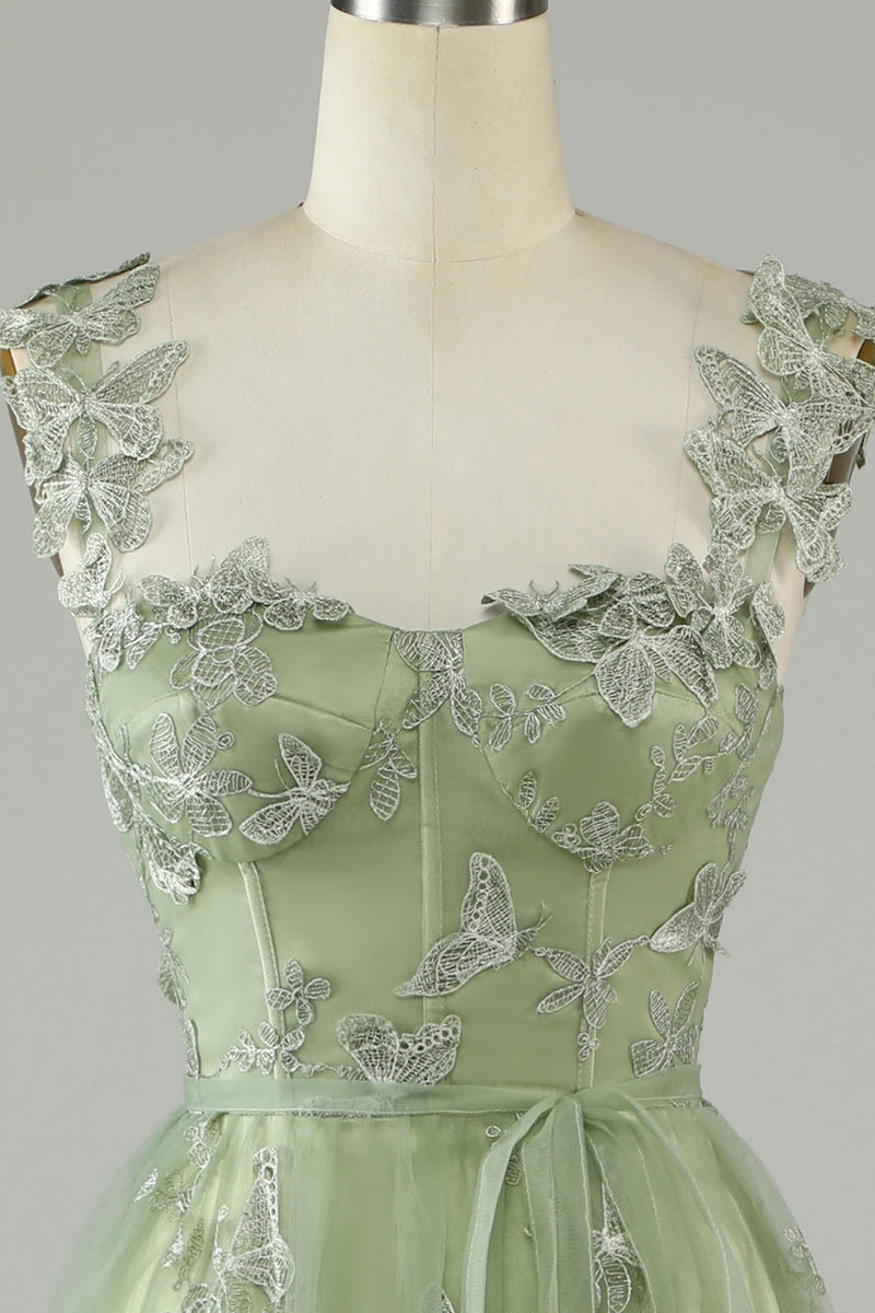 Load image into Gallery viewer, Grønn korsett Long Tylle Prom kjole med 3D sommerfugler