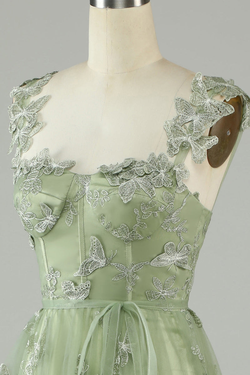 Load image into Gallery viewer, Grønn korsett Long Tylle Prom kjole med 3D sommerfugler
