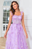 Unik A Line Purple Corset Prom kjole med sommerfugler Appliques