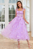 Unik A Line Purple Corset Prom kjole med sommerfugler Appliques