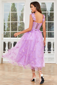 Unik A Line Purple Corset Prom kjole med sommerfugler Appliques