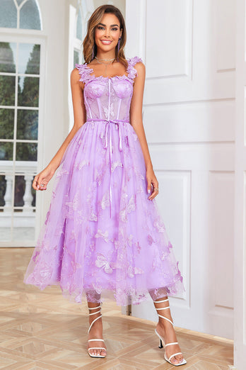 Unik A Line Purple Corset Prom kjole med sommerfugler Appliques