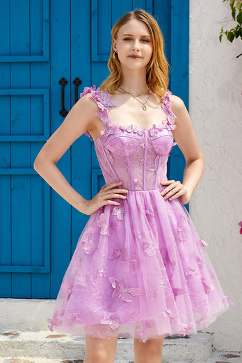 Lilla A Line Korsett Homecoming kjole med 3D sommerfugler