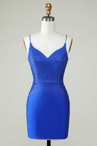 Slire Spaghetti stropper Royal Blue Kort Homecoming kjole med perler