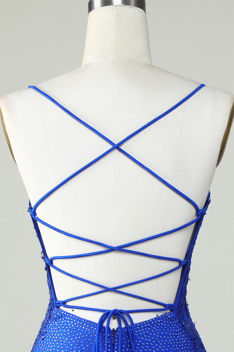 Load image into Gallery viewer, Slire Spaghetti stropper Royal Blue Kort Homecoming kjole med perler