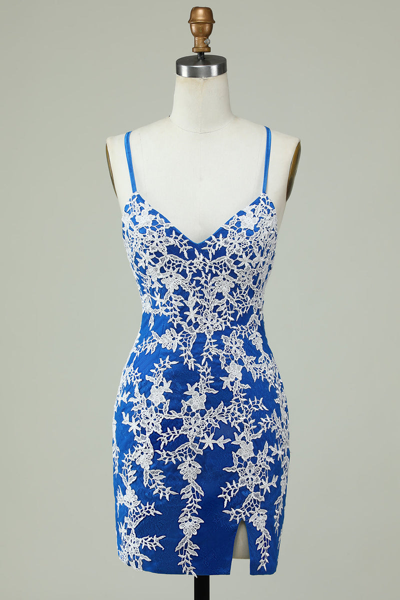 Load image into Gallery viewer, Spaghetti stropper blå skjede Homecoming kjole med applikasjoner