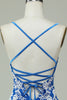 Load image into Gallery viewer, Spaghetti stropper blå skjede Homecoming kjole med applikasjoner