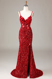 Glitter Mirror Sequins Red Corset Prom Dress med Slit