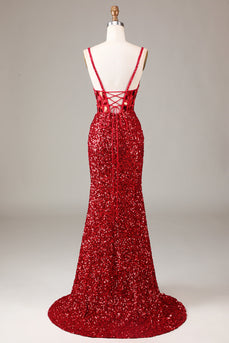 Glitter Mirror Sequins Red Corset Prom Dress med Slit