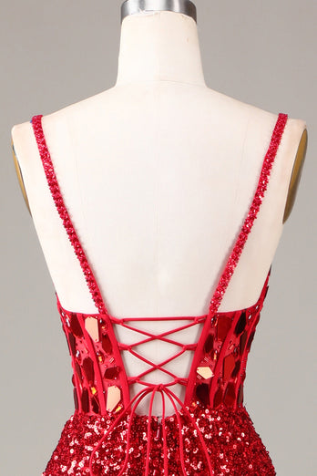 Glitter Mirror Sequins Red Corset Prom Dress med Slit