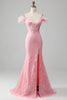 Load image into Gallery viewer, Havfrue av skulderen glitrende rosa fjær korsett ballkjole med spalt