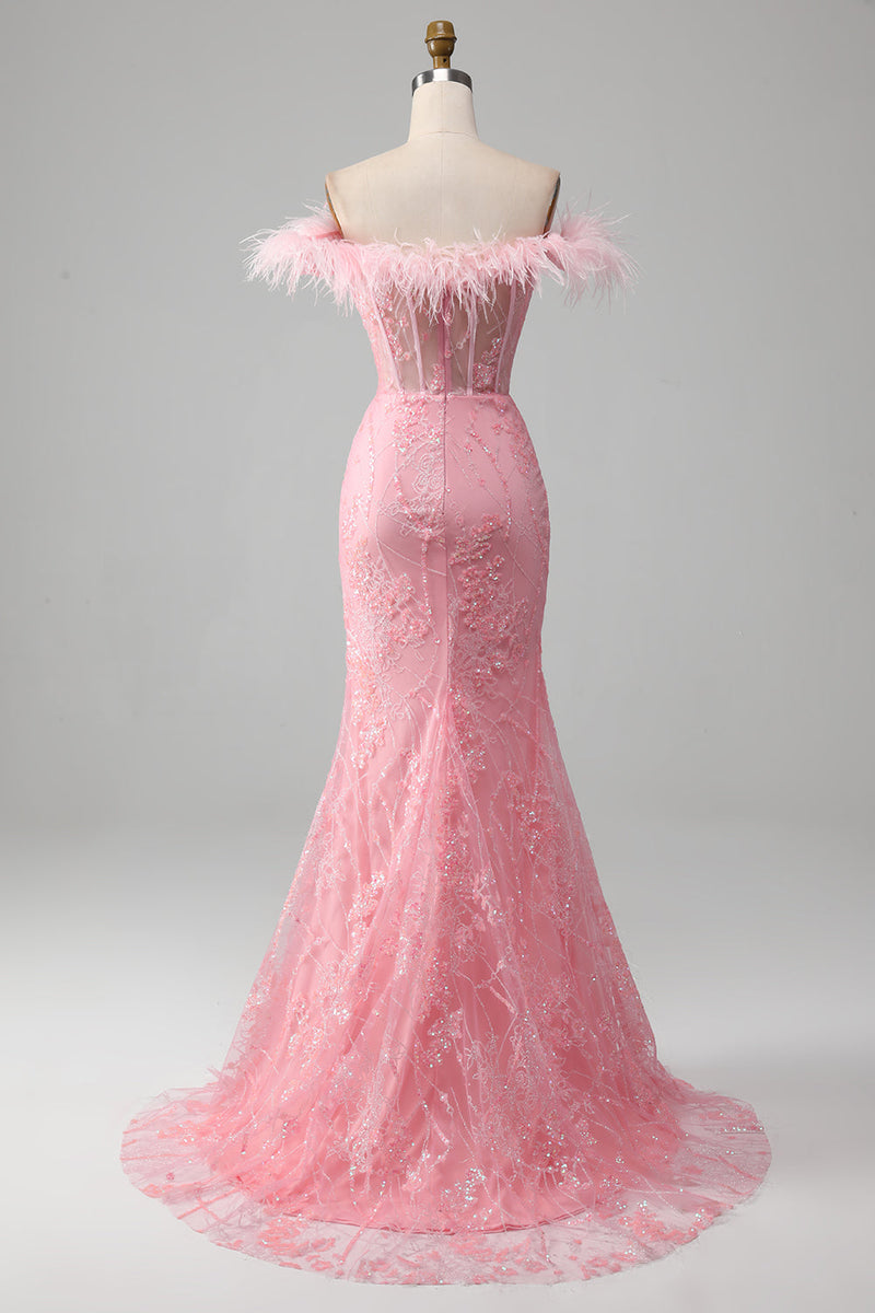 Load image into Gallery viewer, Havfrue av skulderen glitrende rosa fjær korsett ballkjole med spalt
