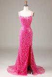 Hot Pink Sequins & Beaded Mermaid Prom Dress med Slit