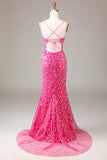 Hot Pink Sequins & Beaded Mermaid Prom Dress med Slit