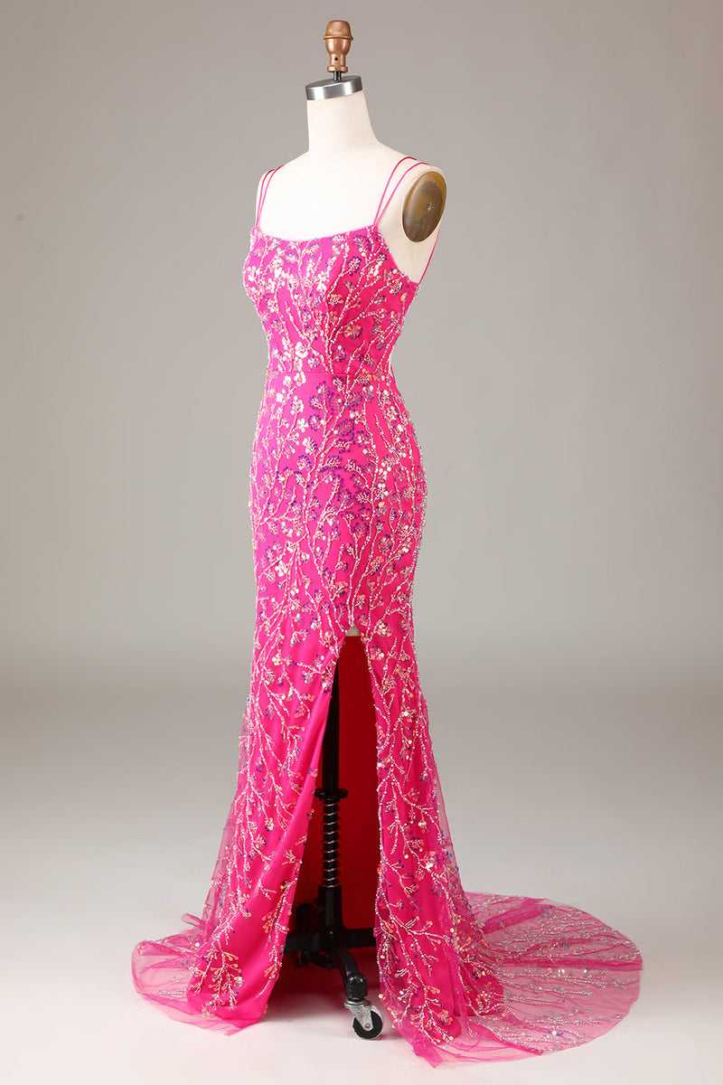 Load image into Gallery viewer, Hot Pink Sequins &amp; Beaded Mermaid Prom Dress med Slit