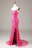 Hot Pink Sequins & Beaded Mermaid Prom Dress med Slit