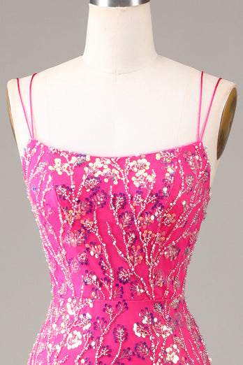 Hot Pink Sequins & Beaded Mermaid Prom Dress med Slit