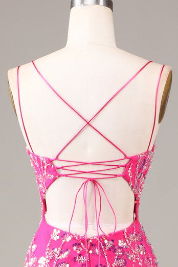 Hot Pink Sequins & Beaded Mermaid Prom Dress med Slit