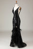 Load image into Gallery viewer, Svart Sparkly Depp V-hals Mermaid Prom kjole med fjær