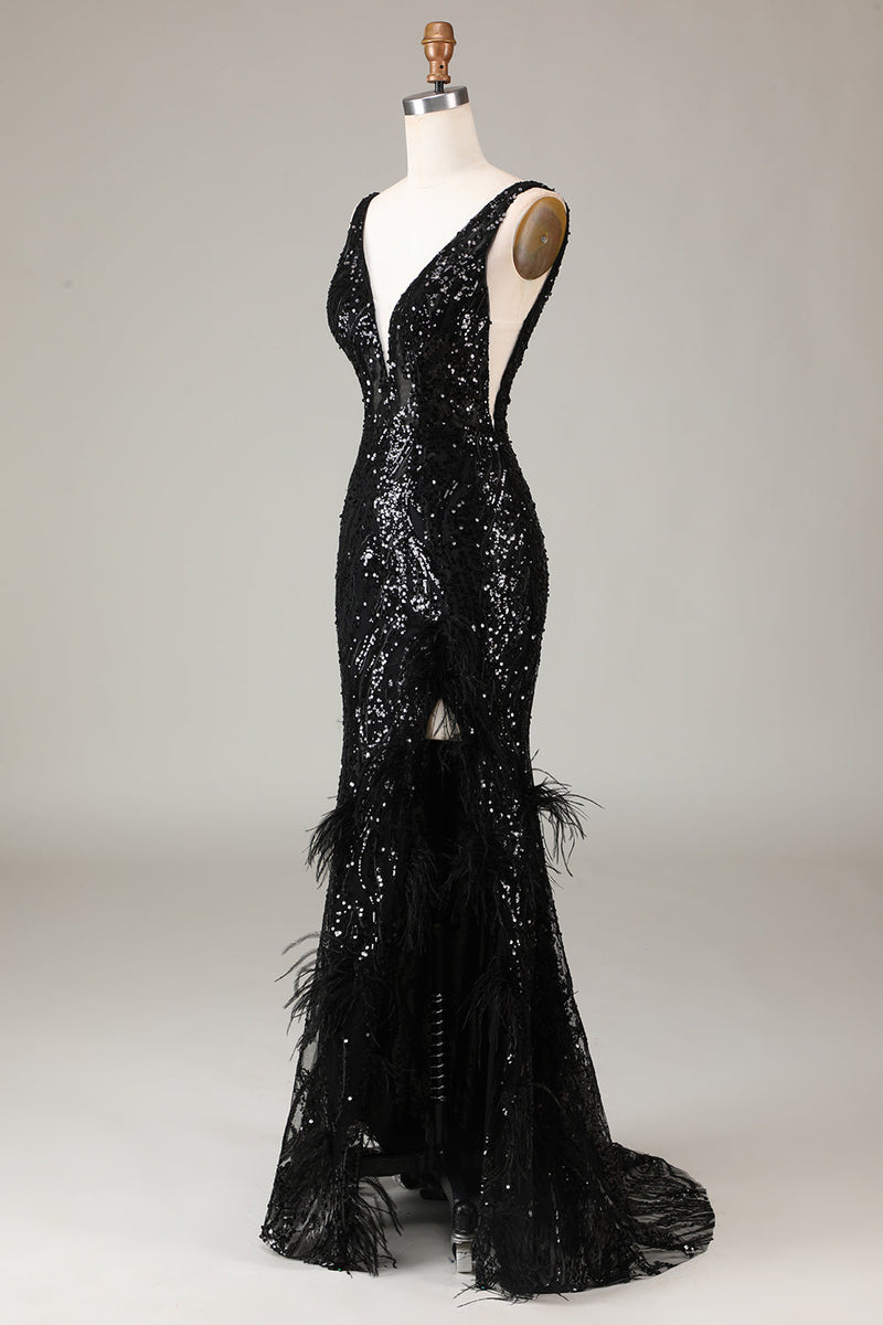 Load image into Gallery viewer, Svart Sparkly Depp V-hals Mermaid Prom kjole med fjær