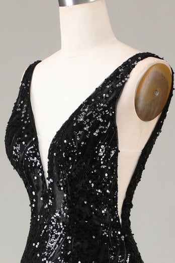 Svart Sparkly Depp V-hals Mermaid Prom kjole med fjær