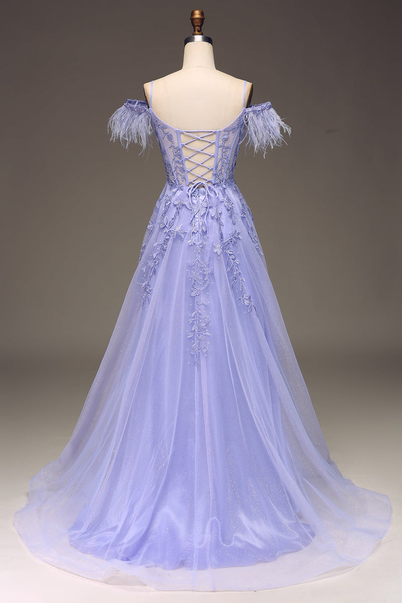 Load image into Gallery viewer, A-Line Cold Shoulder Lilac Corset Prom Kjole med Appliques