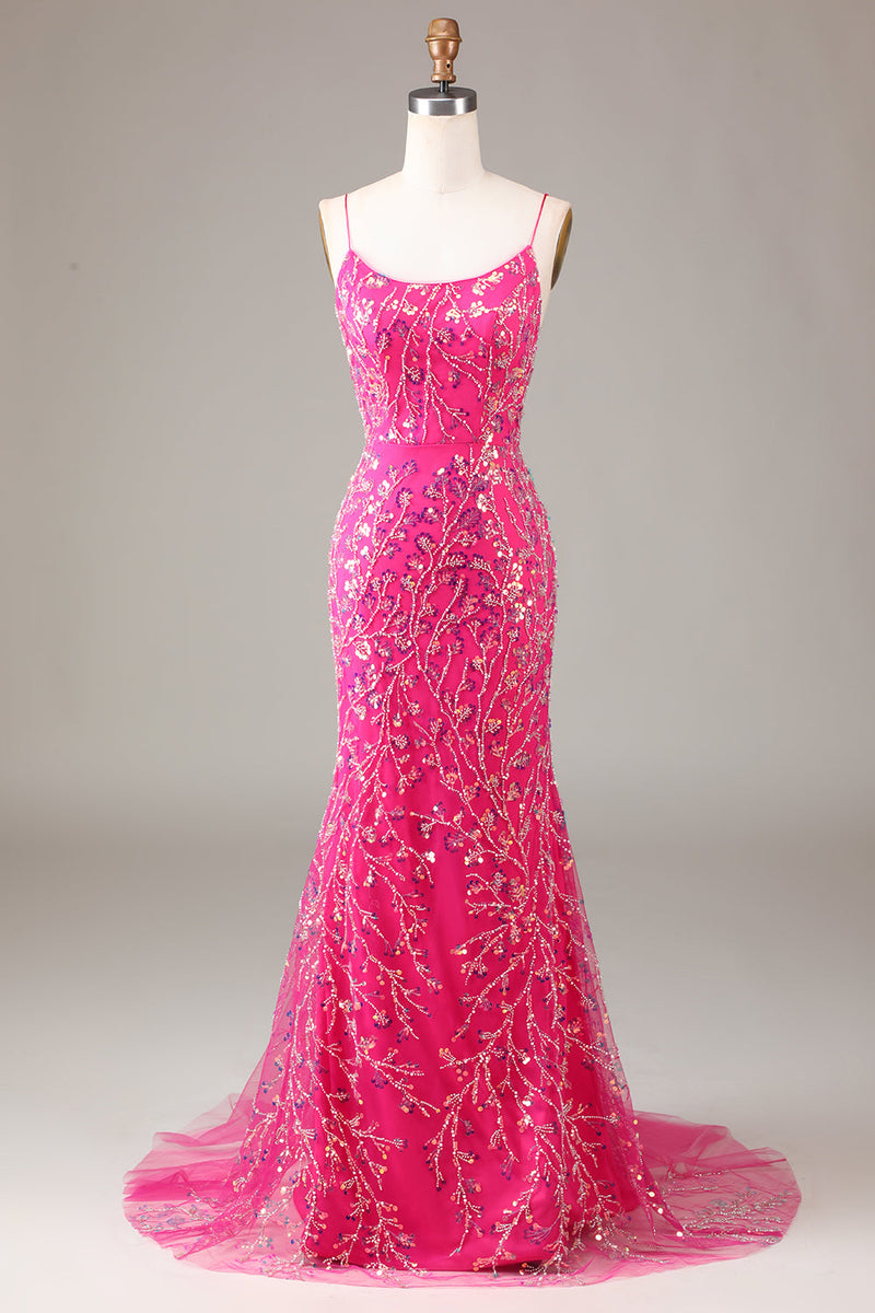 Load image into Gallery viewer, Hot Pink Sequins &amp; Beaded Mermaid Prom Dress med ryggløs