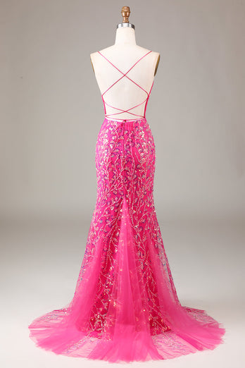 Hot Pink Sequins & Beaded Mermaid Prom Dress med ryggløs