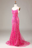 Hot Pink Sequins & Beaded Mermaid Prom Dress med ryggløs