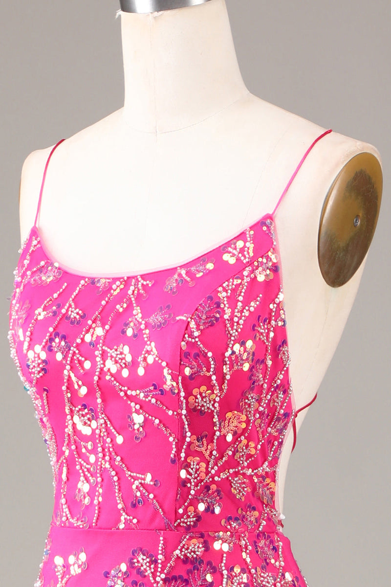 Load image into Gallery viewer, Hot Pink Sequins &amp; Beaded Mermaid Prom Dress med ryggløs