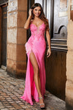 Rosa Spaghetti stropper Glitter Sequin Mermaid Prom kjole med Slit