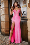 Rosa Spaghetti stropper Glitter Sequin Mermaid Prom kjole med Slit