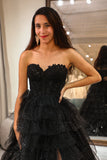 Trendy A Line Sweetheart Black Corset Prom kjole med volanger