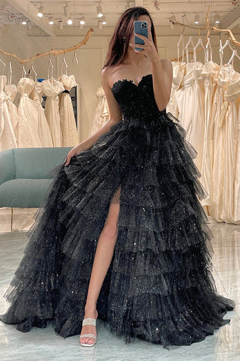 Trendy A Line Sweetheart Black Corset Prom kjole med volanger