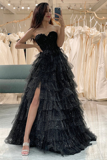Trendy A Line Sweetheart Black Corset Prom kjole med volanger