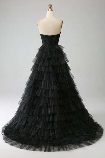 Glitter Sweetheart Black Corset Prom kjole med Slit