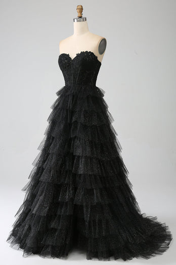 Glitter Sweetheart Black Corset Prom kjole med Slit