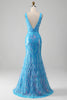 Load image into Gallery viewer, Glitrende blå havfrue V-hals lang ballkjole med spalt