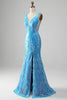 Load image into Gallery viewer, Glitrende blå havfrue V-hals lang ballkjole med spalt