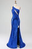 En skulder Royal Blue Mermaid Prom kjole med spalt