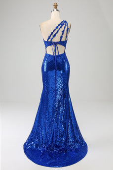 En skulder Royal Blue Mermaid Prom kjole med spalt