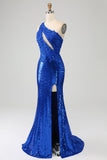 En skulder Royal Blue Mermaid Prom kjole med spalt