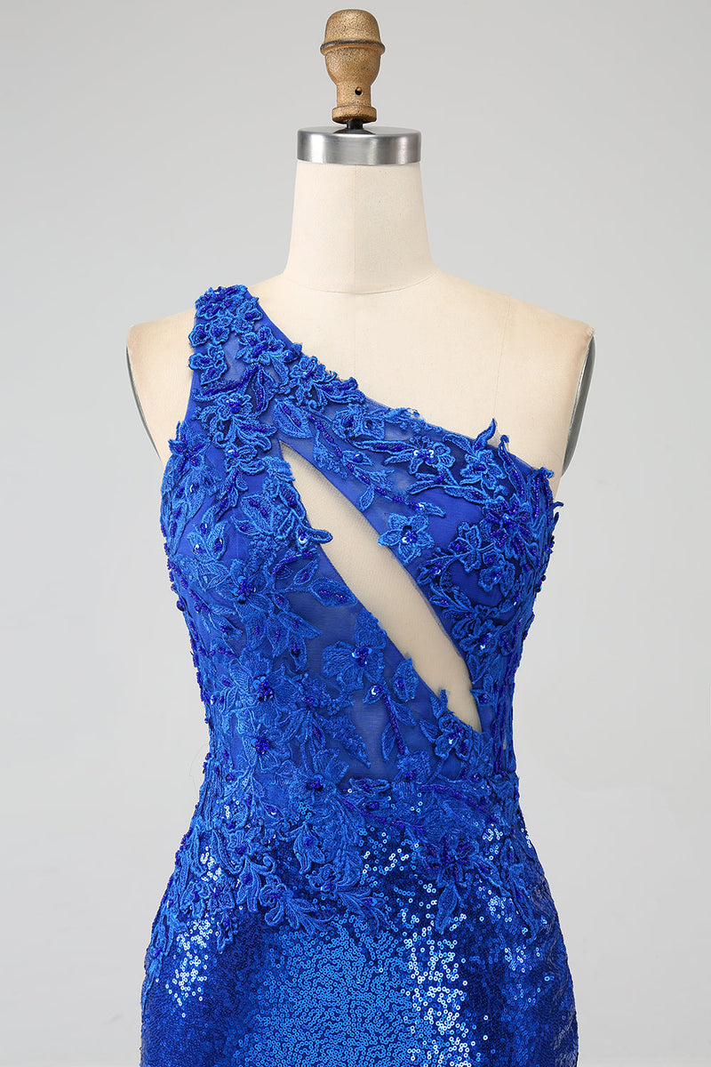 Load image into Gallery viewer, En skulder Royal Blue Mermaid Prom kjole med spalt