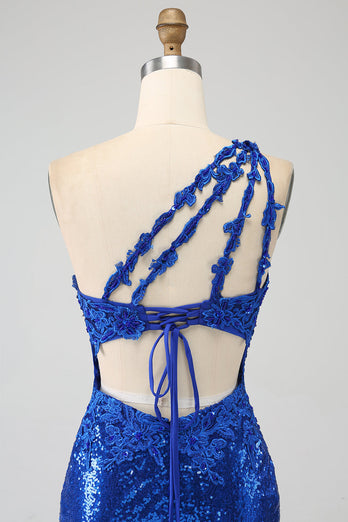 En skulder Royal Blue Mermaid Prom kjole med spalt