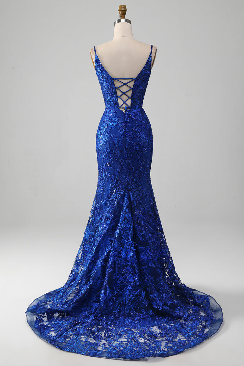 Load image into Gallery viewer, Sparkly Royal Blue Mermaid Spaghetti stropper Lang ballkjole med applikasjoner