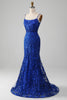 Load image into Gallery viewer, Sparkly Royal Blue Mermaid Spaghetti stropper Lang ballkjole med applikasjoner