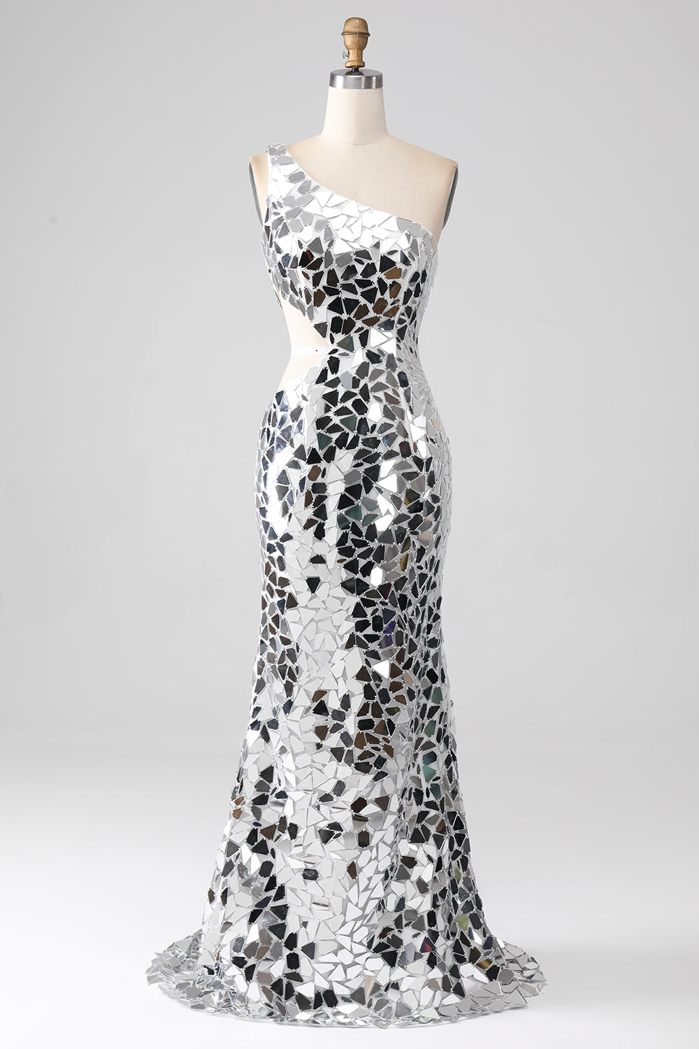 Silver Mirror paljetter En Shoulder Prom kjole med Hollow-out