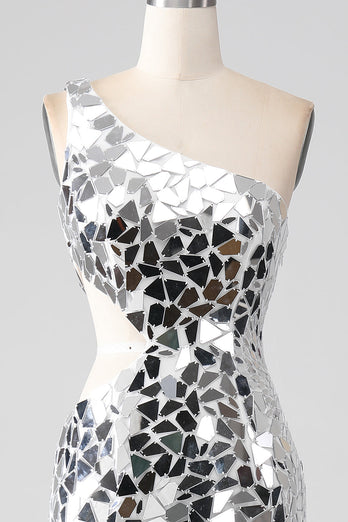 Silver Mirror paljetter En Shoulder Prom kjole med Hollow-out