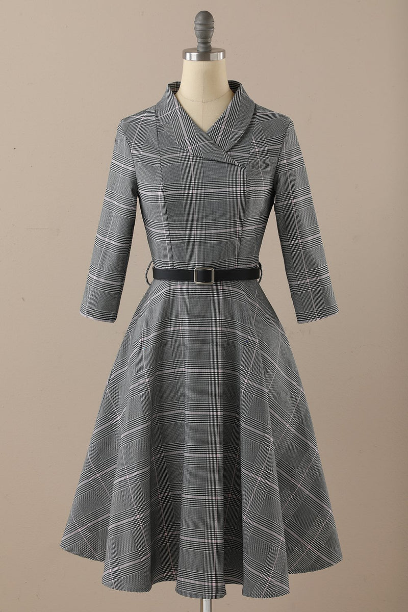 Load image into Gallery viewer, retro stil mørk grå vintage kjole med lange ermer