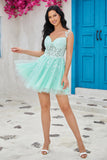 Unik A Line Spaghetti stropper Mint Short Homecoming kjole med Appliques